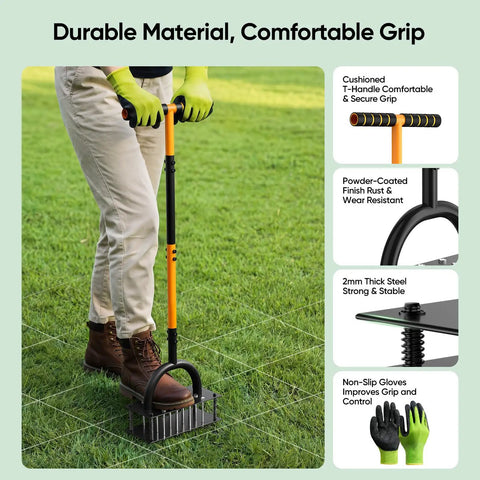 Person using Manual Lawn Aerator With 16 Sharp Spikes For Deep Soil Penetration In A 4 By 4 Grid, black and orange design, on lawn