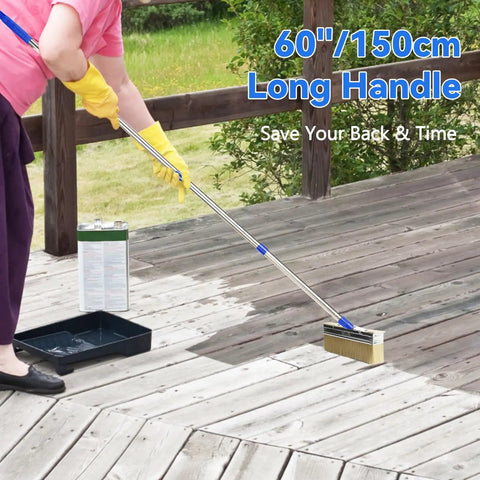 Person using 7 Inch Deck Stain Brush Kit With 60 Inch Long Handle And 3 Inch Small Brush on wooden deck