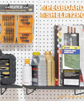 Heavy Duty Black Pegboard Shelf Holders For Thin Metal Walls Four Pack Storage Rack Eight By Sixteen Inch Display Hooks Tough As Nails Garage Organization System Is A Real Winner with tools and bottles.