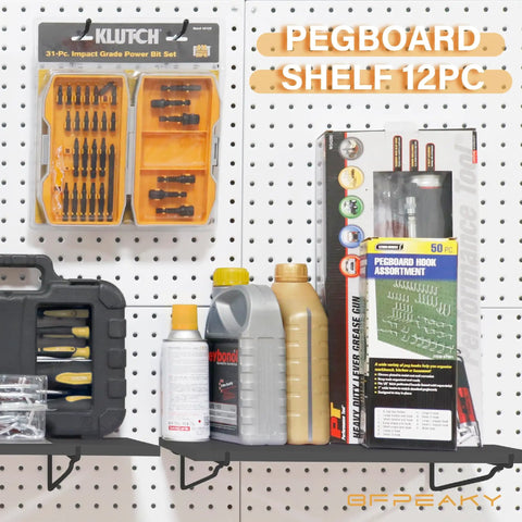 Heavy Duty Black Pegboard Shelf Holders For Thin Metal Walls Four Pack Storage Rack Eight By Sixteen Inch Display Hooks Tough As Nails Garage Organization System Is A Real Winner with tools and bottles.