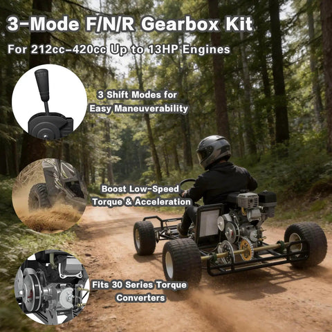 Go Kart Forward and Reverse Gearbox Kit with Thirty Series Torque Converter Transmission used in wooded trail ride