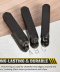 Close-up of A, B, C dies from 36-Piece Metal Stamping Kit With 10mm Dies For Imprinting Plastic, Wood, Leather, And Jewelry