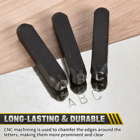 Close-up of A, B, C dies from 36-Piece Metal Stamping Kit With 10mm Dies For Imprinting Plastic, Wood, Leather, And Jewelry