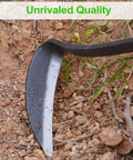 Close-up of 17 Inch Sickle Hoe Hand Weeder with Kama blade in soil for quick weed removal and deep digging in the garden.
