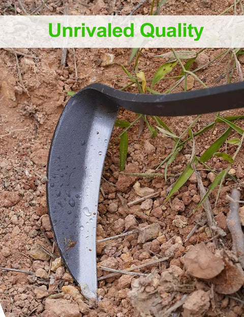 Close-up of 17 Inch Sickle Hoe Hand Weeder with Kama blade in soil for quick weed removal and deep digging in the garden.