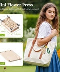 Mini Flower Press Kit For Small Blooms And Leaves, Easy Travel Friendly Press, 2.5x4 Inch Pocket Kit visible on tote bag