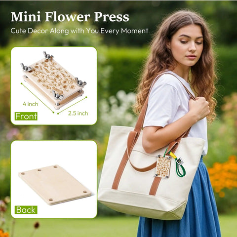 Mini Flower Press Kit For Small Blooms And Leaves, Easy Travel Friendly Press, 2.5x4 Inch Pocket Kit visible on tote bag