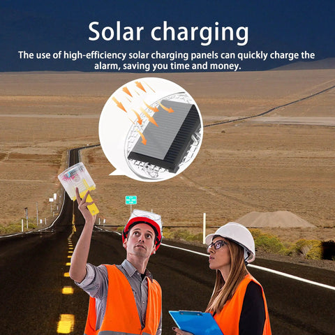 Two workers using Solar Powered 360 Degree Strobe Warning Light With Auto On Off For Construction Sites Docks Marine And Factory Safety Ultra Bright Flashing Emergency Signal