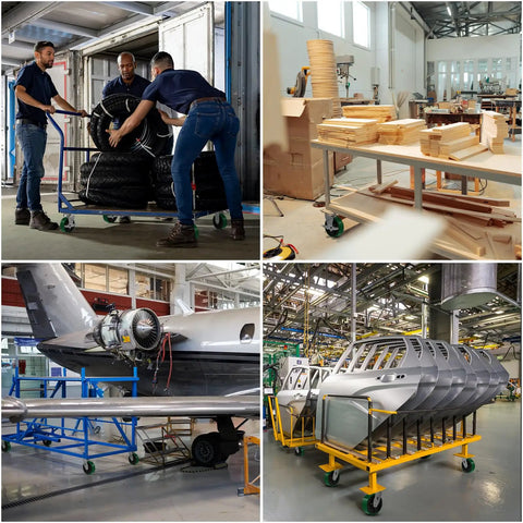 Rock Solid 6 Inch Heavy Duty Caster Wheels Featuring Tough As Nails Polyurethane Tread And Cast Iron Core moving a cart in a workshop.