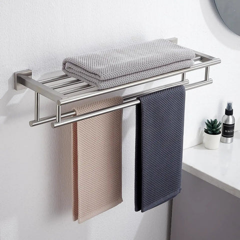 24 Inch Towel Tower Rack With Double Bars Brushed Nickel Finish Wall Mounted SUS304 Stainless Steel Hotel Grade Towel Shelf And Hanger.