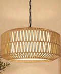 Five Light Hand Woven Rattan Chandelier With Totally Adjustable Drop From Nine To Fifty Two Inches And Soft Linen Shades For Kitchen Island Super Cozy Glow, brown woven design, round shape.