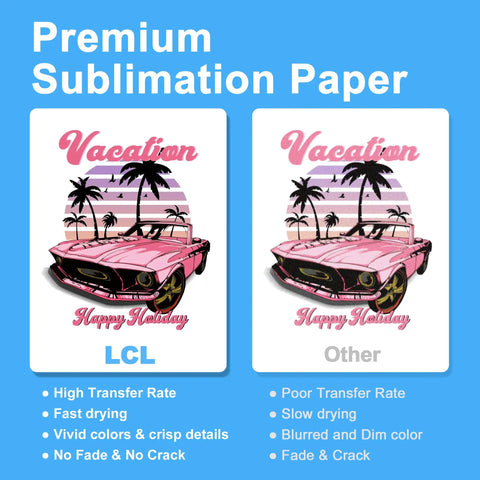 Comparison of sublimation paper for inkjet printers 150 sheets 13 by 19 inches 120gsm with vibrant and dim designs.