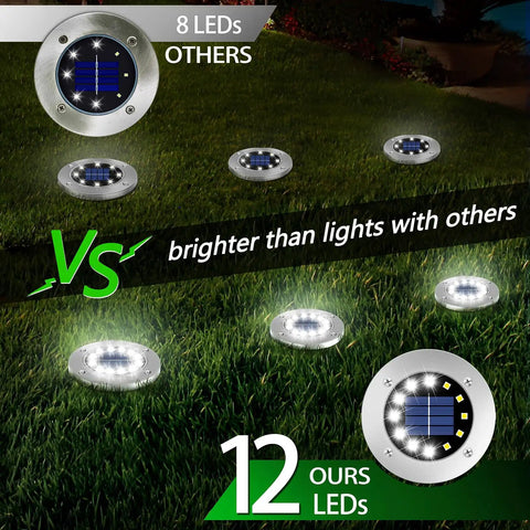 Comparison of 8 LED and 12 LED Solar Ground Lights showing brightness on lawn, featuring 12 LED Solar Ground Lights Waterproof In Ground Disk Pathway Lights For Yard Garden Lawn Patio Walkway Pool 8 Pack White Outdoor Disk Lamps For Bright Nighttime Decor And Easy Landscape Styling