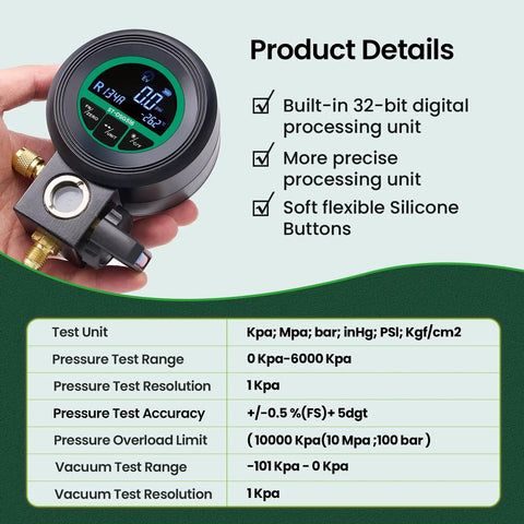 Pro Grade HVAC Digital Manifold Gauge For AC Charging With LCD Backlit Precision Pressure And Vacuum Tester That Reads kPa MPa Bar PSI With Half Percent Accuracy Built In NIST Refrigerant Database Including R22 R134A R41, handheld view