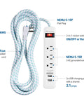 Two Pack 3 Outlet Surge Protector Power Strip With USB Ports 12 Foot Extension Cord Low Profile Plug White with labeled features