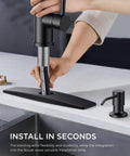 High Performance Slick Black Kitchen Faucet With Heavy Duty Pull Down Sprayer And Integrated Soap Dispenser Crafted From Lead Free Materials For Your Go To Rock Solid Sink Upgrade, being installed on a sink.
