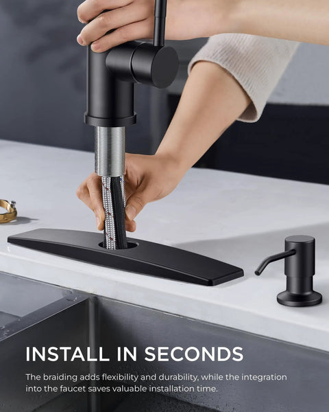 High Performance Slick Black Kitchen Faucet With Heavy Duty Pull Down Sprayer And Integrated Soap Dispenser Crafted From Lead Free Materials For Your Go To Rock Solid Sink Upgrade, being installed on a sink.