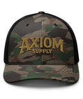 Camouflage baseball cap, front view with Axiom Supply logo, not the Camp Cruiser Hat for Outdoor Adventures Lightweight Breathable Sun Shield.
