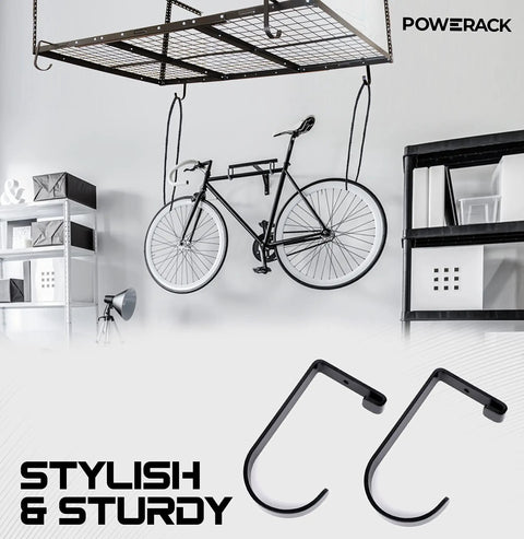 Overhead Garage Shelving Storage Rack Adjustable 3 ft by 6 ft Ceiling Organizer Shelf Space Saving Heavy Duty Mounted Garage Storage with Drop Down 22 to 40 Inch Ceiling Height and Four Flat Hooks shown with bicycle hanging