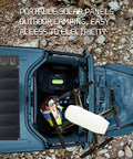 Road Trip Ready No Sweat Foldable Solar Panel 42W Portable Charger waterproof on top of vehicle while camping.