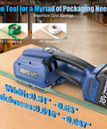 Slick Heavy Duty Electric Strapping Machine With Beefy 3200n Tension And Dual Swappable Batteries on cardboard, showing PET and PP strap options.