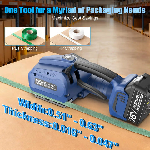 Slick Heavy Duty Electric Strapping Machine With Beefy 3200n Tension And Dual Swappable Batteries on cardboard, showing PET and PP strap options.
