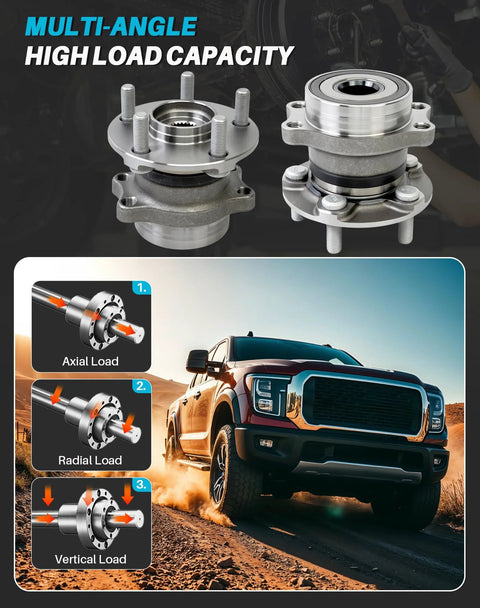 Multi-angle view of 2 Pcs Rear Wheel Bearing Hub Assembly 512518 Compatible With Impreza 2012 To 2021 Forester 2014 To 2018 Crosstrek 2016 To 2021 And XV Crosstrek 2013 To 2015 5 Lug Durable Replacement For Smooth Ride And Easy Install Ready To Roll with axial, radial, and vertical load demonstration.