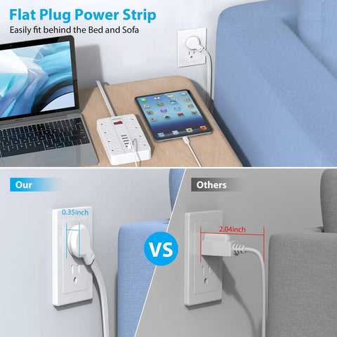 15 Ft Flat Plug Power Strip With 8 Widely Spaced Outlets And 6 USB Ports Including 1 USB C Surge Protector showing flat plug