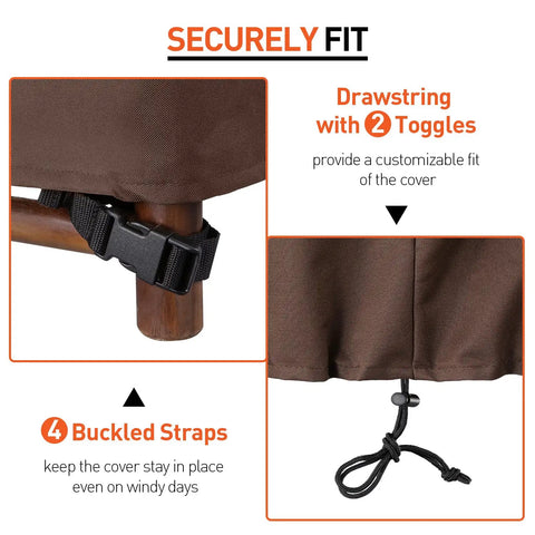 Close-up of Two Pack Waterproof Outdoor Chaise Lounge Covers showing buckled straps and drawstring toggles for secure fit