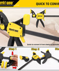 One Handed Bar Clamps Set, 6 Pack Quick Release With 6 Inch And 12 Inch Trigger Clamps For Woodworking with conversion steps.