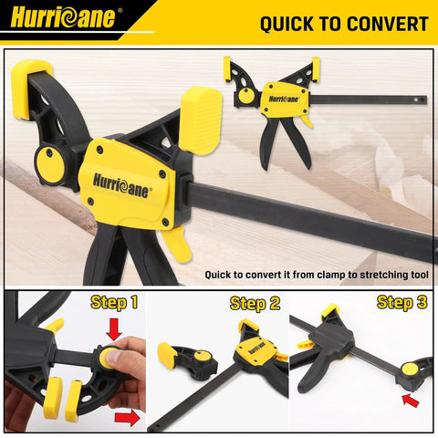 One Handed Bar Clamps Set, 6 Pack Quick Release With 6 Inch And 12 Inch Trigger Clamps For Woodworking with conversion steps.