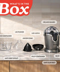 Gourmia Automatic Citrus Juicer One-Touch Operation Compact Electric Extractor with juice container, lid pusher, and anti-drip spout.