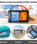 Tank Like 8 Inch Rugged Tablet Android 11 Industrial Workhorse Featuring Octa Core Chip 8GB Ram 256GB Storage IP65 Weatherproof Shell showcased in military-grade durability and IP65 certification.