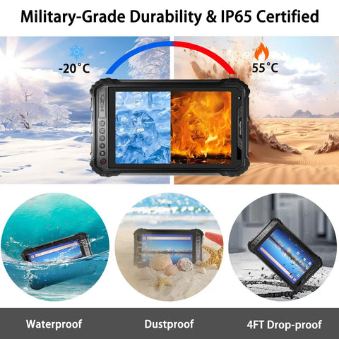 Tank Like 8 Inch Rugged Tablet Android 11 Industrial Workhorse Featuring Octa Core Chip 8GB Ram 256GB Storage IP65 Weatherproof Shell showcased in military-grade durability and IP65 certification.