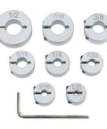 Stop Collar Set For Drill Bits With Depth Stop, 8 Piece Kit In Sizes 1/2, 7/16, 3/8, 5/16, 1/4, 7/32, 3/16, 1/8 Inches shown with hex key