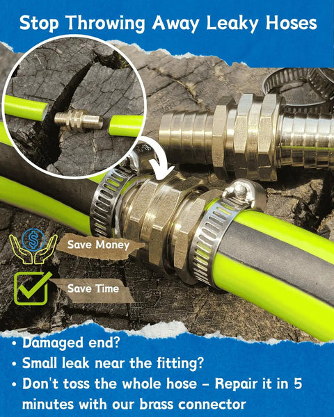 Grab This Ultimate 3/4 In Garden Hose End Repair Kit With Male And Female Fittings To Fix Leaks Fast And Save Cash On Expensive Replacements For Your Water Hose Ends. Brass hose repair connector with clamps on green tubing