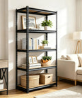 Badass Heavy Duty Five Tier Garage Shelving Unit With Reinforced Steel Legs And Rock Hard Mdf Shelves For Zero Fuss Workshop Organization And Bulky Tool Storage Solutions, displayed with decorative items and books.