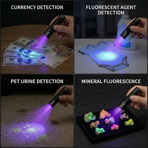 Compact 365nm UV Blacklight With USB C Rechargeable Battery used for pet urine detection and currency verification in multiple scenarios.