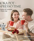 Couple enjoying breakfast in bed with 3 Cup Aluminum Moka Pot Stovetop Espresso Maker for gas and electric stoves.