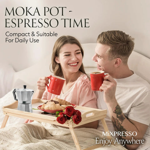 Couple enjoying breakfast in bed with 3 Cup Aluminum Moka Pot Stovetop Espresso Maker for gas and electric stoves.