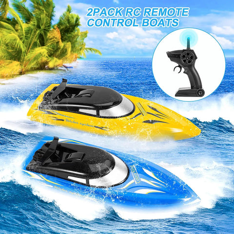 Yellow and blue RC boats with Triple Pack Remote Control RC Boat Set for Kids and Grownups, 2.4GHz Wireless Control