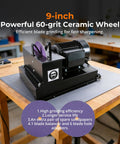 Give Your Yardwork A Major Upgrade With This Heavy Duty Blade Sharpener And Bench Grinder Boasting A Beefy 1Hp Motor, Fast Cutting 9 Inch Ceramic Wheel, No Hassle Angle Brackets, And Fresh Sandpaper Sheets with purple wheel on workbench.