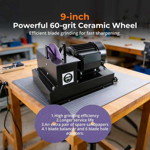 Give Your Yardwork A Major Upgrade With This Heavy Duty Blade Sharpener And Bench Grinder Boasting A Beefy 1Hp Motor, Fast Cutting 9 Inch Ceramic Wheel, No Hassle Angle Brackets, And Fresh Sandpaper Sheets with purple wheel on workbench.