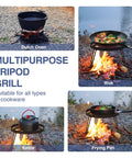 Collage showing Folding Campfire Tripod For Cooking with Dutch oven, wok, kettle, and frying pan over open flame, iron black stand.