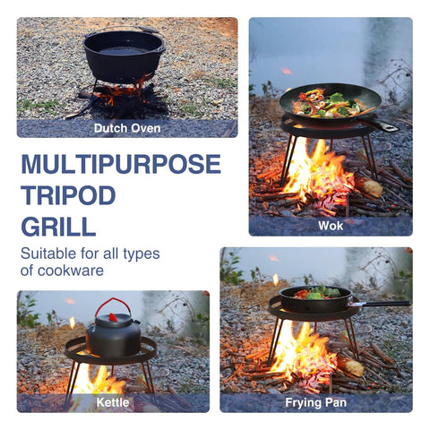 Collage showing Folding Campfire Tripod For Cooking with Dutch oven, wok, kettle, and frying pan over open flame, iron black stand.