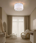 White Cotton Thread Drum Crystal Flush Mount Chandelier 3 Light Ceiling Light Fixture for Bedroom Living Room Foyer Nursery Handmade With Crystal Bead Accents And Cozy Glow Warm Vibe in a modern nursery setting