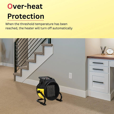 Electric Forced Air Heater With Pivoting Base 5120 BTU In Yellow For Garages And Shops, 1500W PTC Ceramic Heating in room