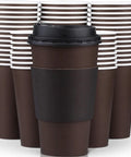 Stack of 16 Oz Disposable Coffee Cups With Lids And Sleeves Pack Of 100 Brown And Black Insulated To Go Cups for hot drinks