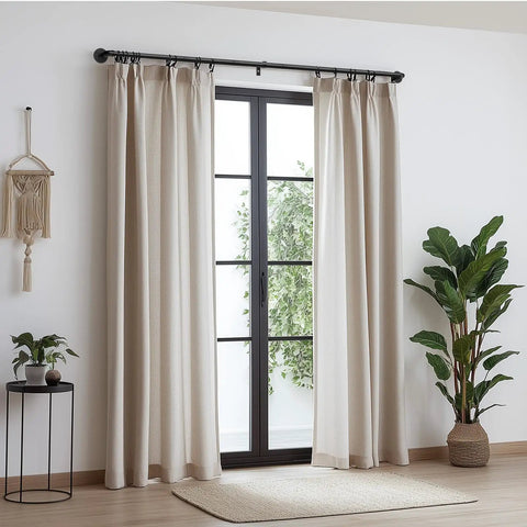 Heavy Duty 1 Inch Industrial Wrap Around Curtain Rod In Black, Adjustable 32 To 48 Inches, in a modern living room setting.