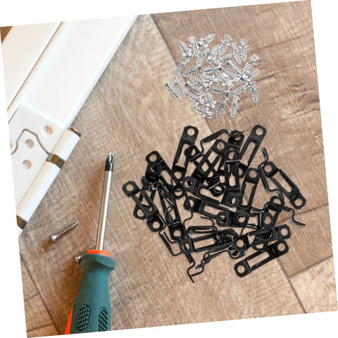 30 Pack Heavy Duty Metal Furniture Connectors Rock Solid No Slack Hidden Assembly Hardware For Cabinets Bookcases And Sofas Tight Hold Zero Play Hassle Free Setup with black steel connectors and screws.
